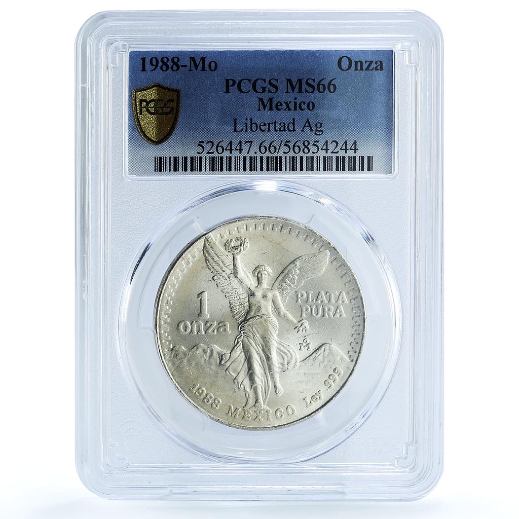 Mexico 1 onza Libertad Angel of Independence KM-494.1 MS66 PCGS silver coin 1988 Mexico 1 onza Libertad Angel of Independence KM-494.1 MS66 PCGS silver coin 1988