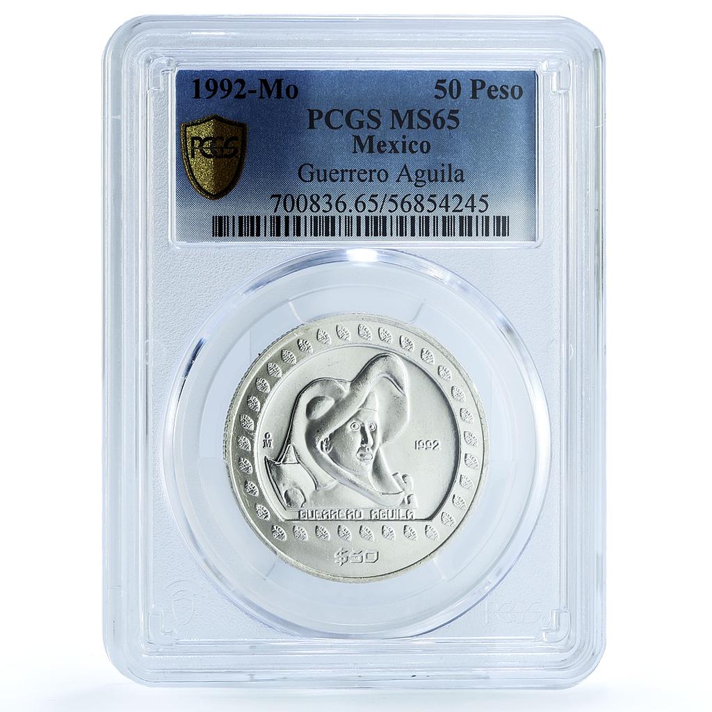 Mexico 50 pesos Guerrero Aguila KM-555 Precolombina Aztec MS65 PCGS Ag coin 1992 Mexico 50 pesos Guerrero Aguila KM-555 Precolombina Aztec MS65 PCGS Ag coin 1992