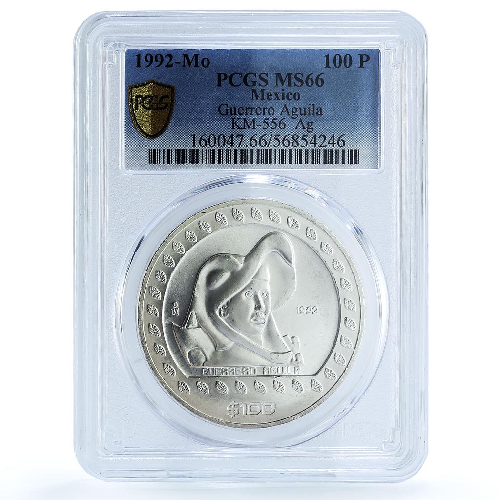 Mexico 100 pesos Guerrero Aguila KM-556 Precolombina MS 66 PCGS silver coin 1992 Mexico 100 pesos Guerrero Aguila KM-556 Precolombina MS 66 PCGS silver coin 1992