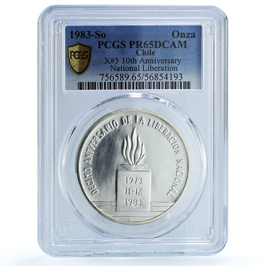 Chile 1 onza Liberation KM-225 X#5 Anniversary Torch PR 65 PCGS silver coin 1983 Chile 1 onza Liberation KM-225 X#5 Anniversary Torch PR 65 PCGS silver coin 1983