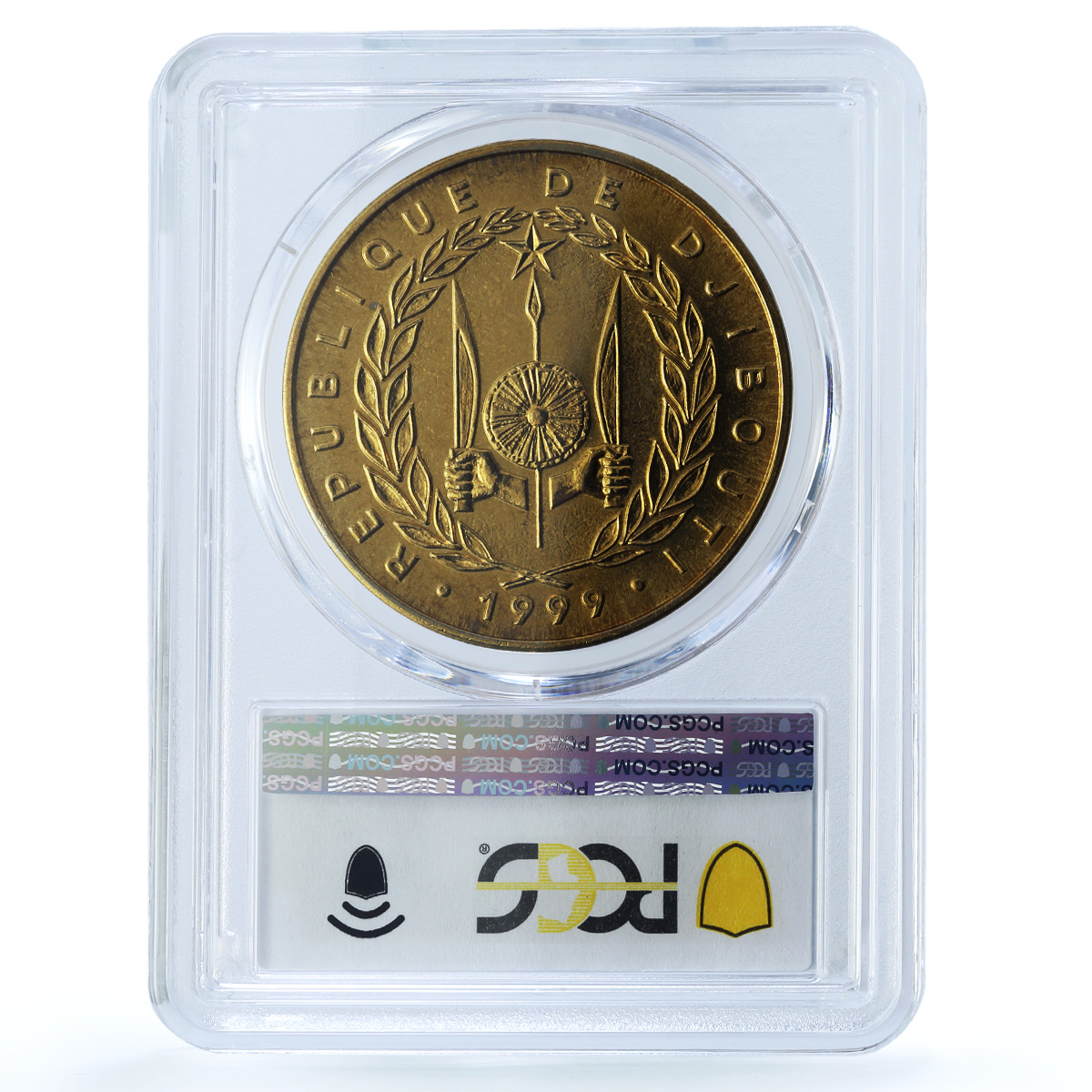 Djibouti 1 francs French 50th Anniversary KM-37 MS 65 PCGS AlBronze coin 1999 Djibouti 1 francs French 50th Anniversary KM-37 MS 65 PCGS AlBronze coin 1999