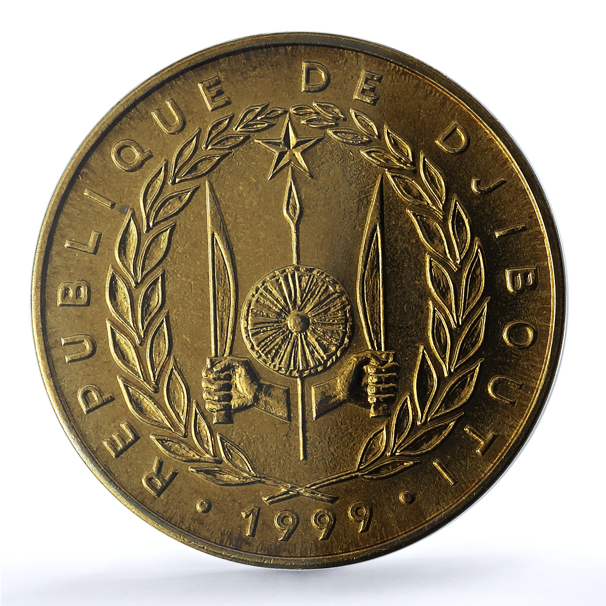 Djibouti 1 francs French 50th Anniversary KM-37 MS 65 PCGS AlBronze coin 1999 Djibouti 1 francs French 50th Anniversary KM-37 MS 65 PCGS AlBronze coin 1999