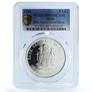 Malta 5 liri Central Bank KM-87 Anniversary Building PR 68 PCGS silver coin 1988