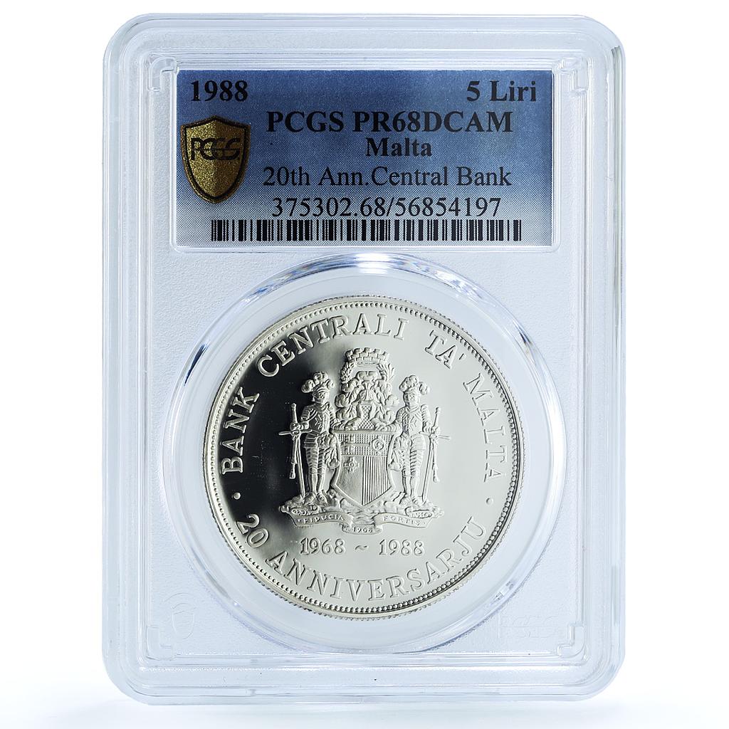 Malta 5 liri Central Bank KM-87 Anniversary Building PR 68 PCGS silver coin 1988 Malta 5 liri Central Bank KM-87 Anniversary Building PR 68 PCGS silver coin 1988