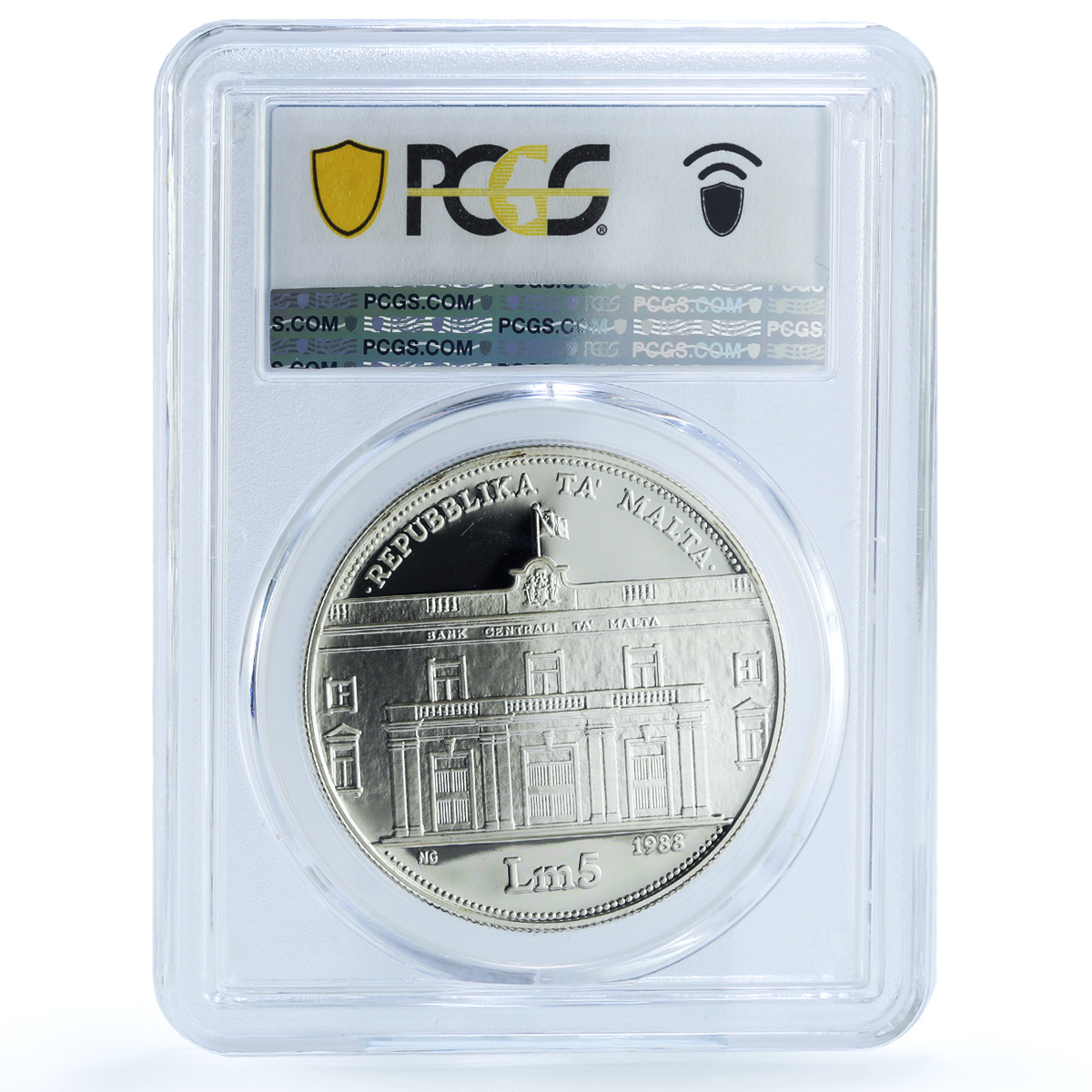 Malta 5 liri Central Bank KM-87 Anniversary Building PR 68 PCGS silver coin 1988 Malta 5 liri Central Bank KM-87 Anniversary Building PR 68 PCGS silver coin 1988