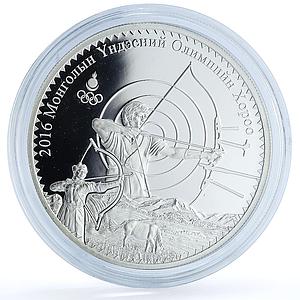 Mongolia 500 togrog Olympic Games Rio Archery Horse proof silver coin 2016