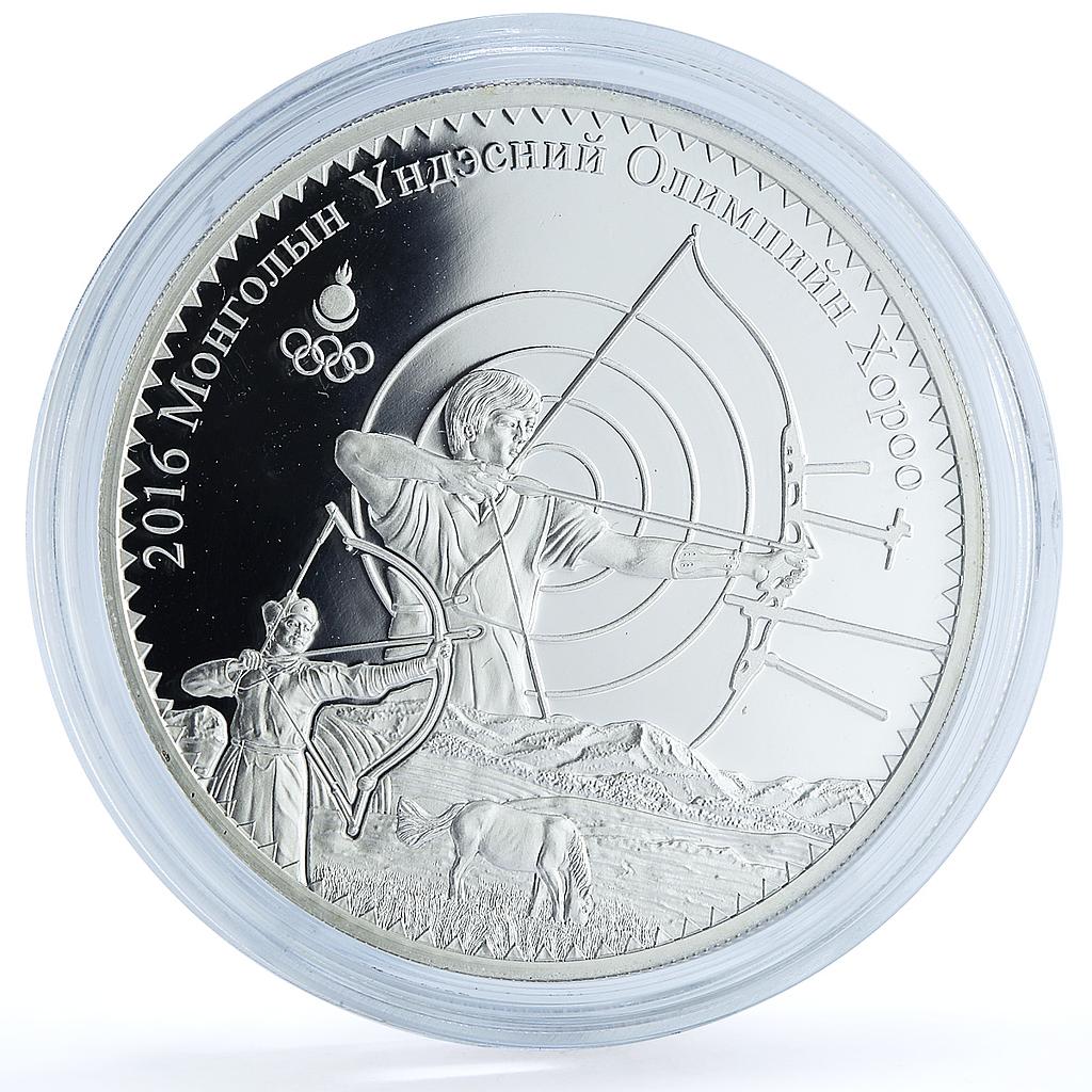 Mongolia 500 togrog Olympic Games Rio Archery Horse proof silver coin 2016