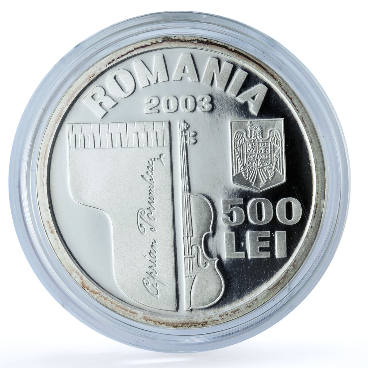 Romania 500 lei Ciprian Porumbescu KM-177 Music Composer proof silver coin 2003 Romania 500 lei Ciprian Porumbescu KM-177 Music Composer proof silver coin 2003