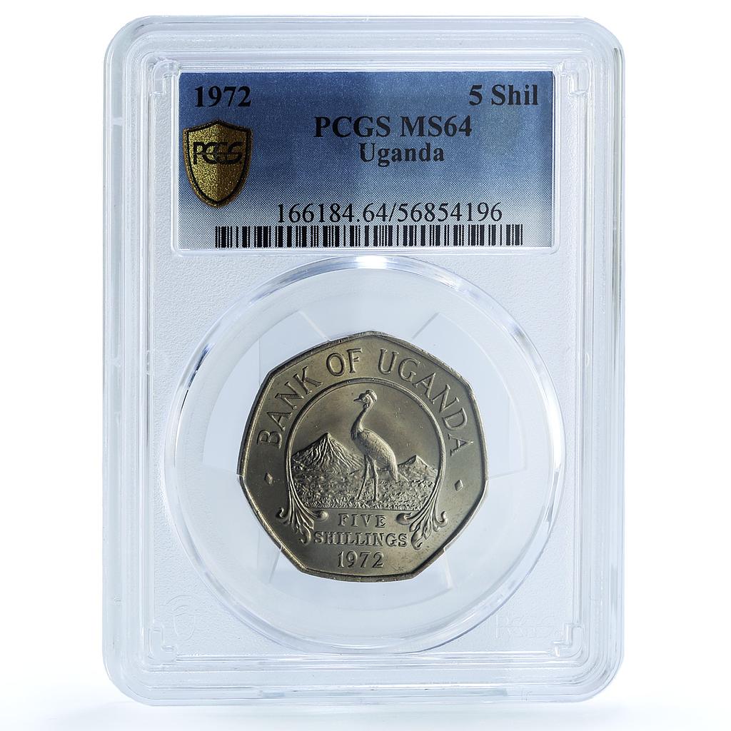 Uganda 5 shillings Republic KM-18 Crane Bird MS 64 PCGS CuNi coin 1972 Uganda 5 shillings Republic KM-18 Crane Bird MS 64 PCGS CuNi coin 1972