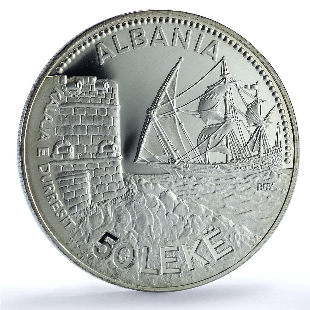 Albania 50 leke Durazzo KM-58 Castle Ship Clipper 5 oz proof silver coin 1987