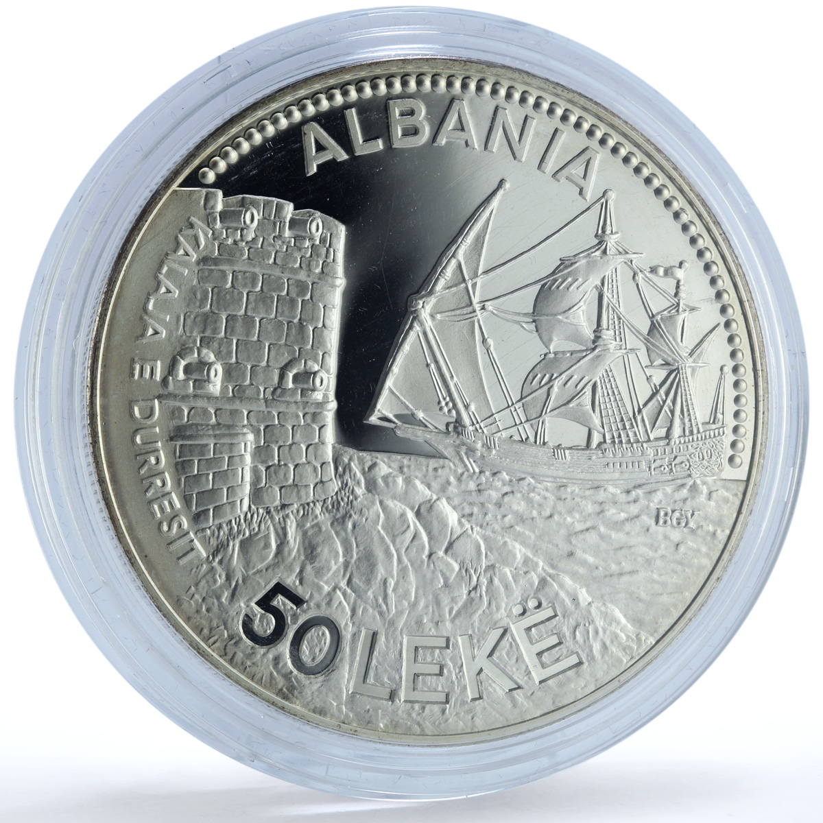 Albania 50 leke Durazzo KM-57 Castle Ship Clipper 5 oz proof silver coin 1987 Albania 50 leke Durazzo KM-57 Castle Ship Clipper 5 oz proof silver coin 1987