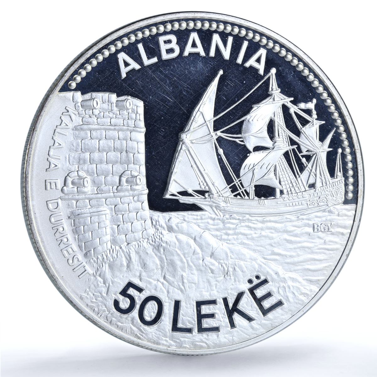 Albania 50 leke Durazzo KM-57 Castle Ship Clipper 5 oz proof silver coin 1987 Albania 50 leke Durazzo KM-57 Castle Ship Clipper 5 oz proof silver coin 1987