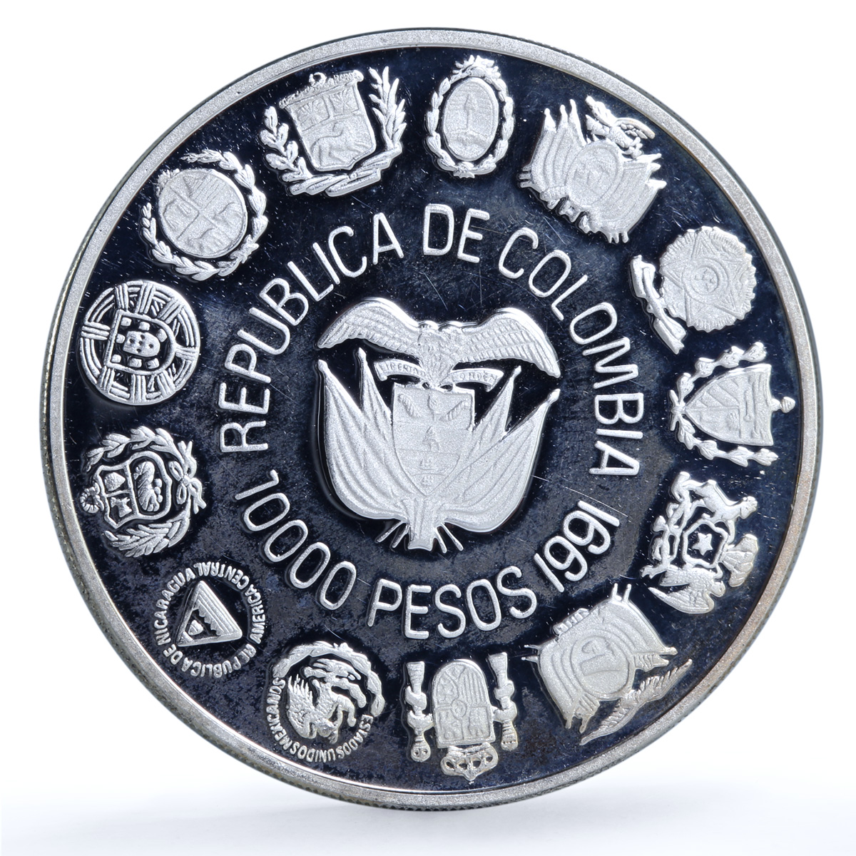 Colombia 10000 pesos Bogota Mint KM-284 Ibero-American proof silver coin 1991