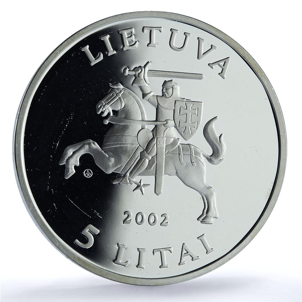 Lithuania 5 litai Barn Owl KM-132 Wildlife Fauna Bird proof silver coin 2002