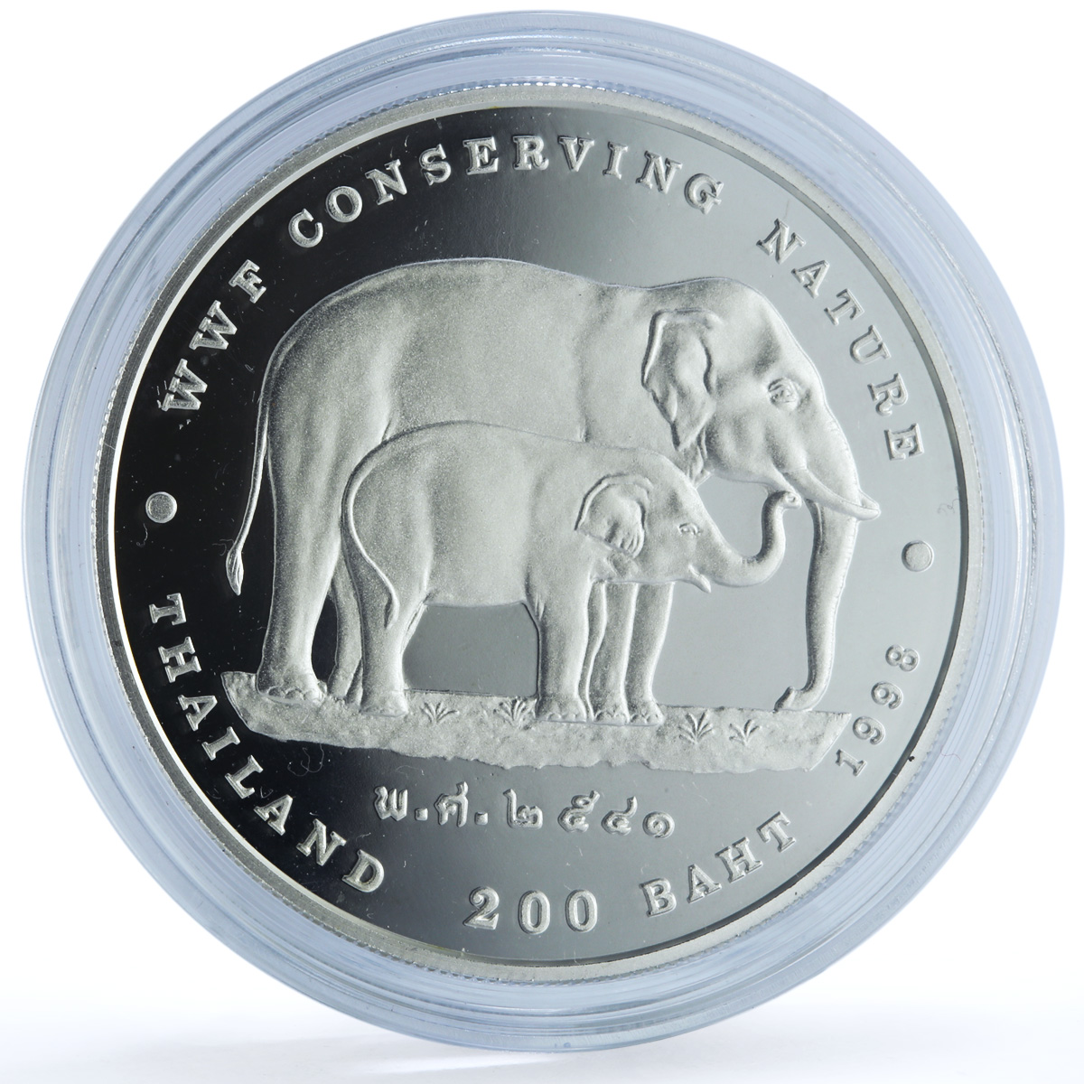 Thailand 200 baht Elephants Y#339 WWF Wildlife Fauna proof silver coin 1998