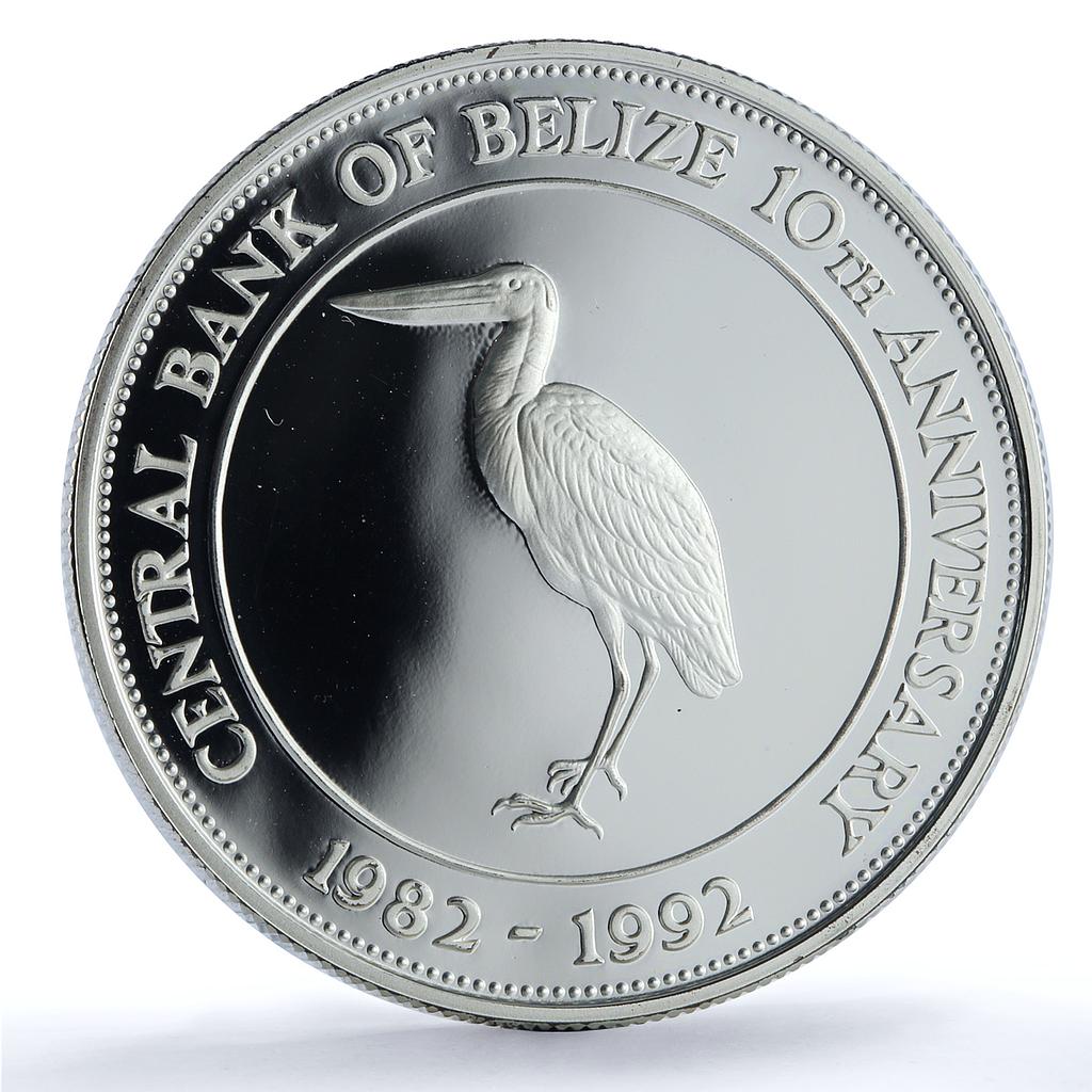 Belize 10 dollars Central Bank KM-104 Anniversary Bird proof silver coin 1992