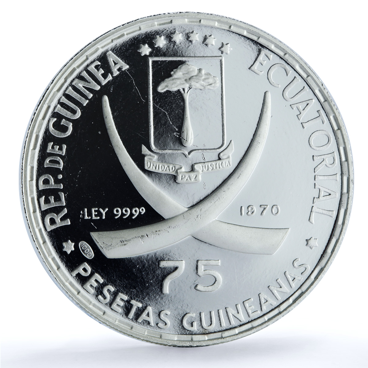 Guinea 75 pesetas Mahatma Gandhi KM-11 Anniversary Religion silver coin 1970