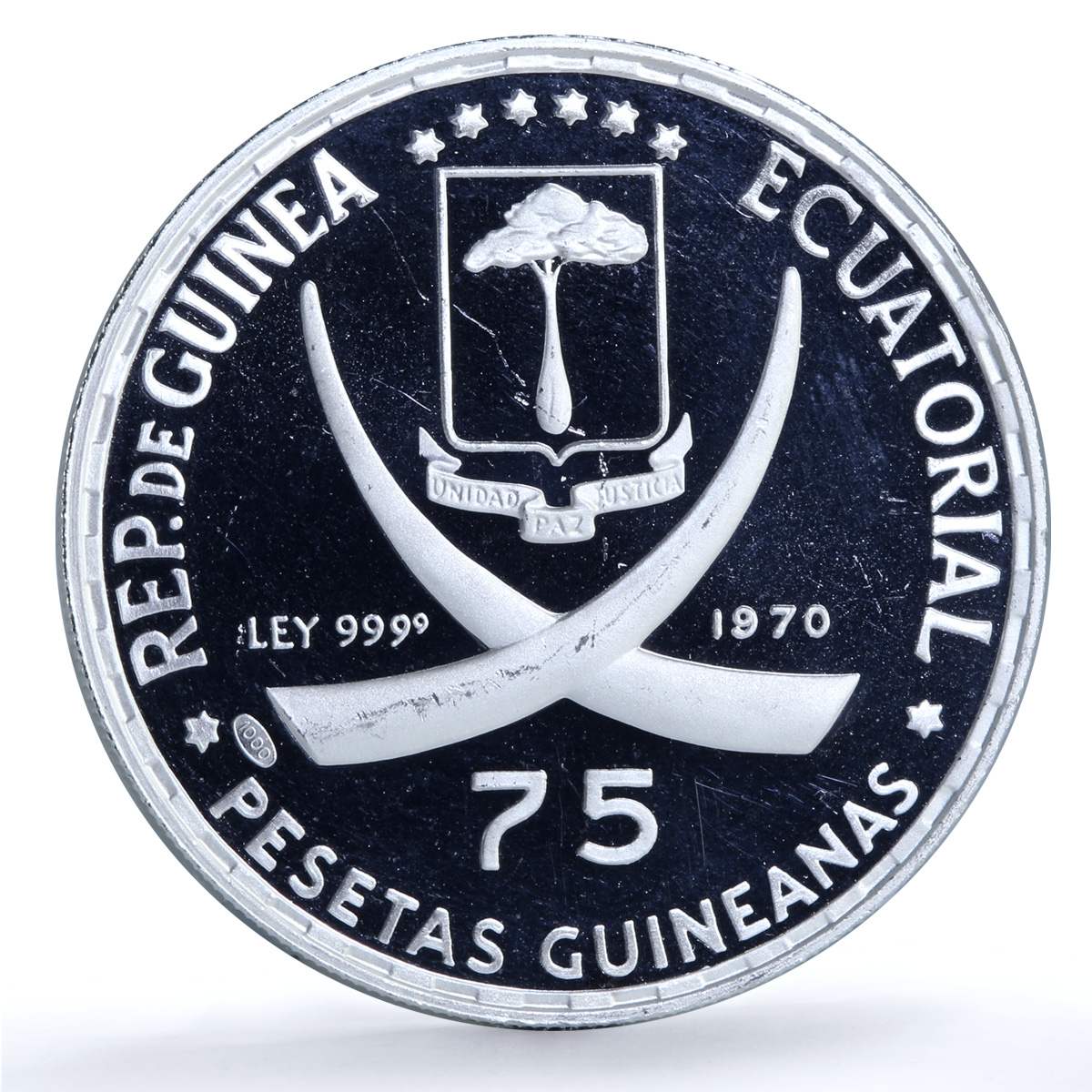 Guinea 75 pesetas Mahatma Gandhi KM-11 Anniversary Religion silver coin 1970
