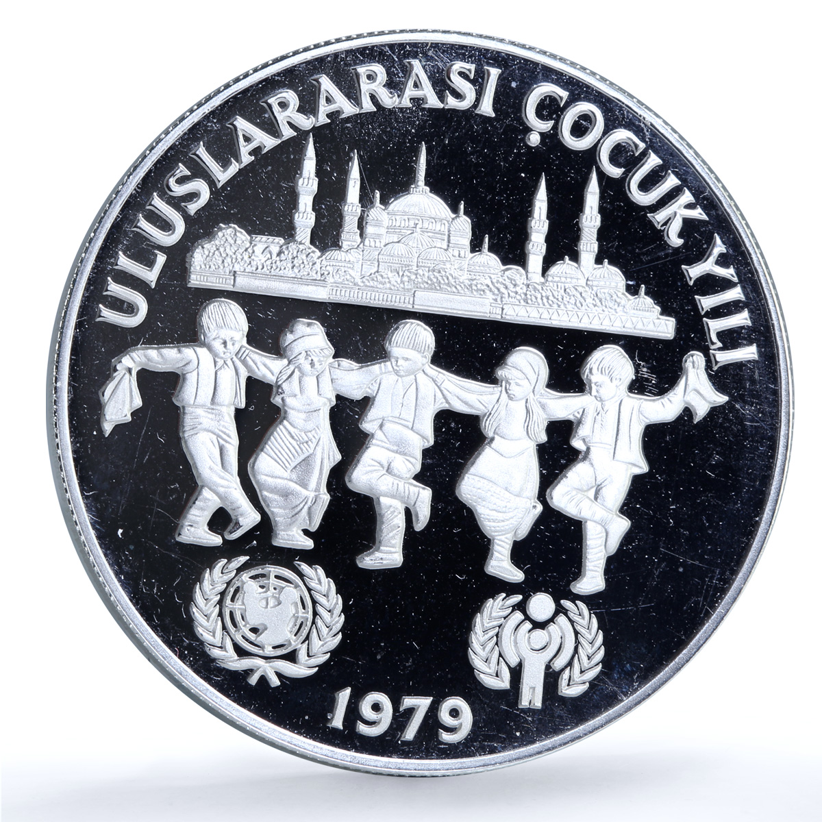 Turkiye 500 lira Year of the Child KM-931 UNICEF Mosque proof silver coin 1979