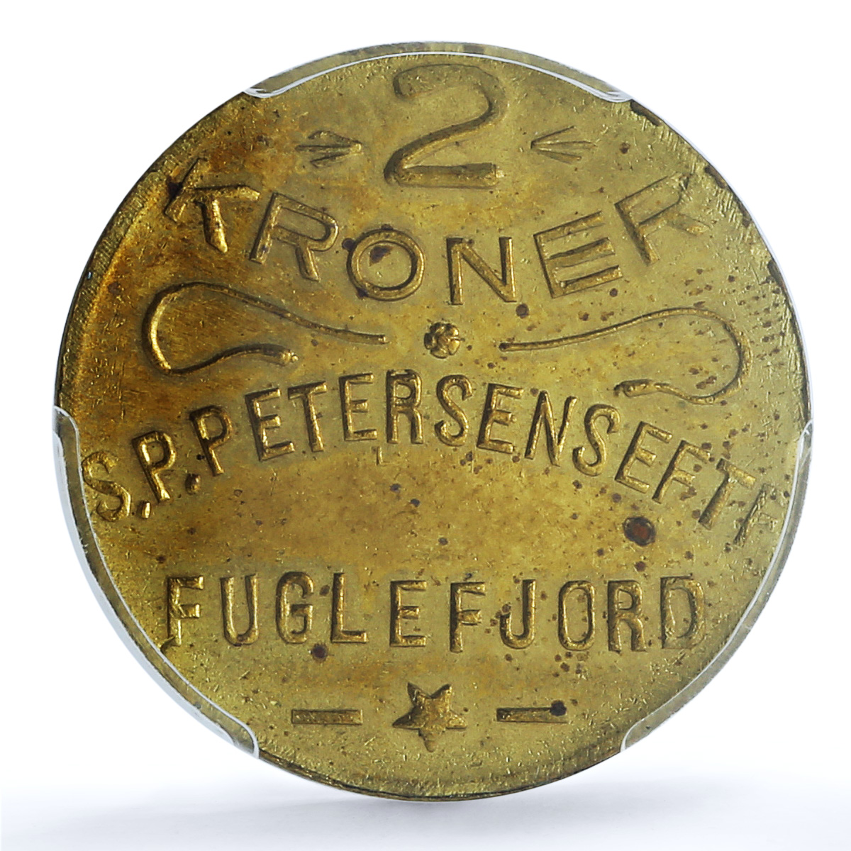 Denmark Faeroe Islands 2 kroner Petersens Issue MS62 PCGS brass token 1929 1933 Denmark Faeroe Islands 2 kroner Petersens Issue MS62 PCGS brass token 1929 1933