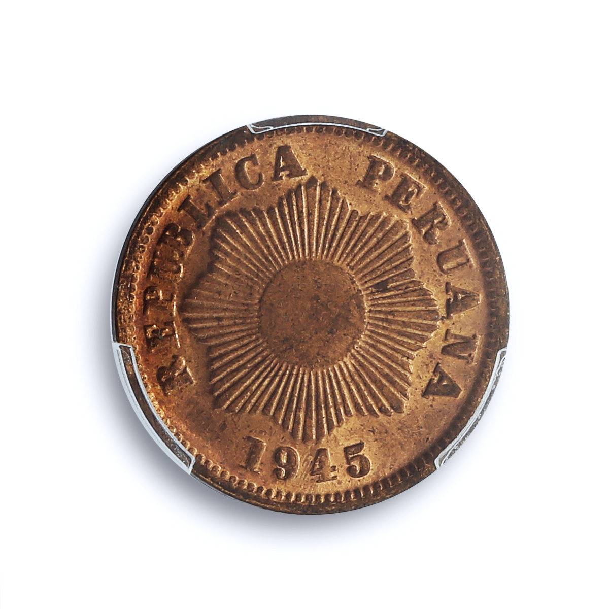 Peru 1 centavo Republic Coinage Radiant Star KM-211a MS65 PCGS bronze coin 1945 Peru 1 centavo Republic Coinage Radiant Star KM-211a MS65 PCGS bronze coin 1945