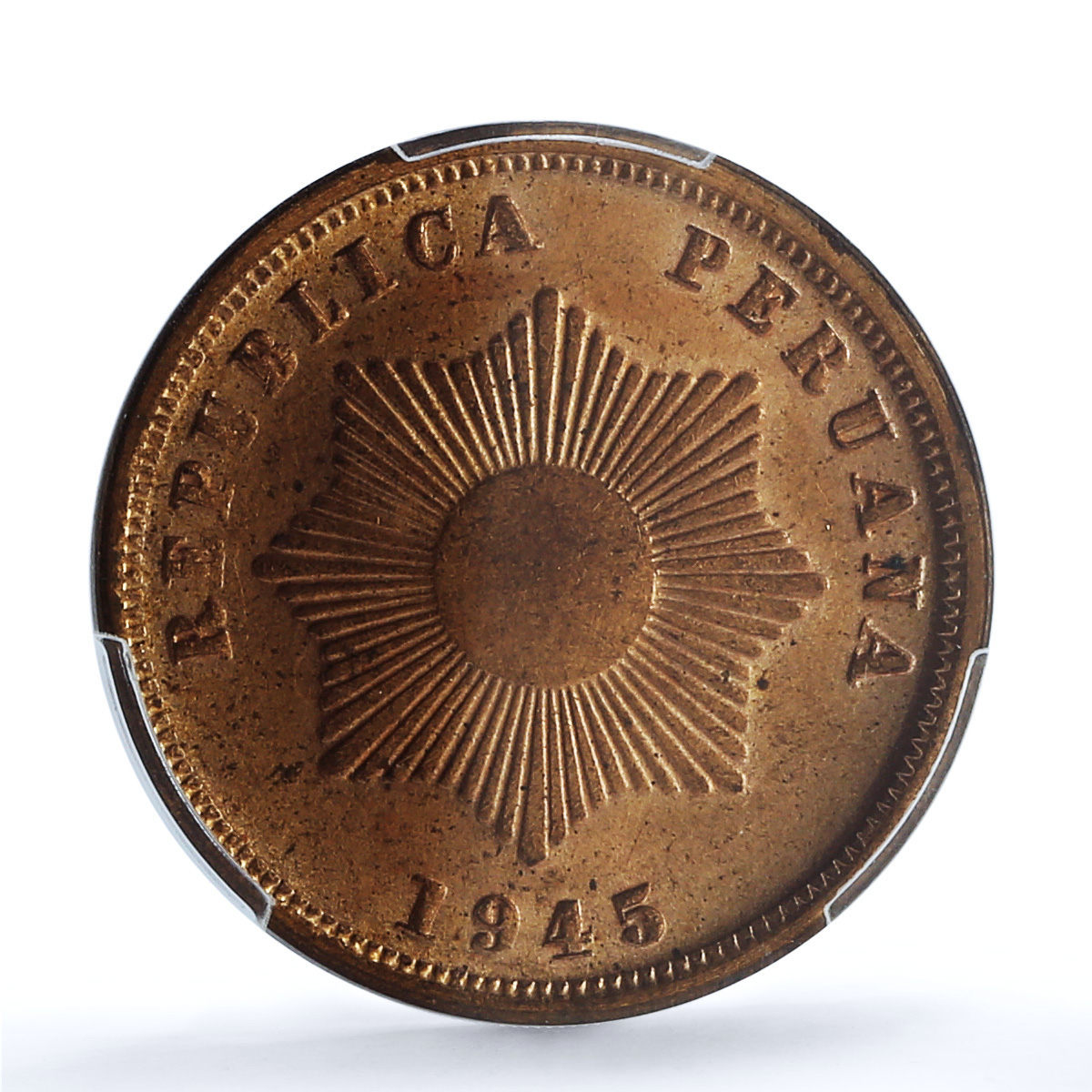 Peru 2 centavos Republic Coinage Radiant Star KM-212 MS64 PCGS bronze coin 1945 Peru 2 centavos Republic Coinage Radiant Star KM-212 MS64 PCGS bronze coin 1945
