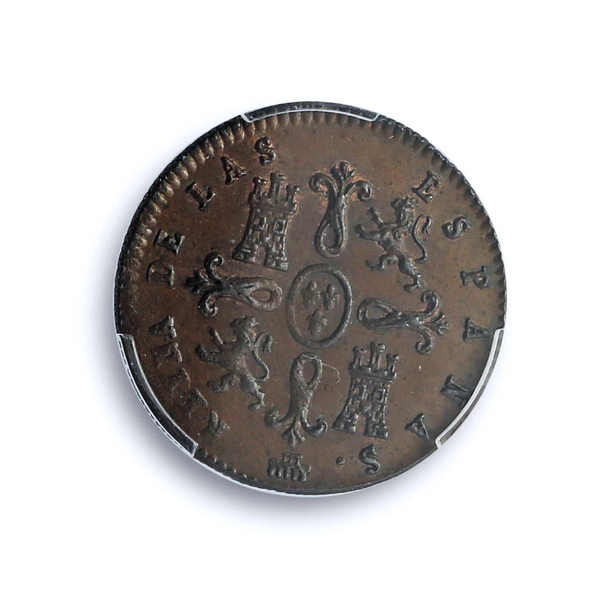 Spain 2 maravedis Queen Isabel Isabella II Segovia MS62 PCGS copper coin 1842 Spain 2 maravedis Queen Isabel Isabella II Segovia MS62 PCGS copper coin 1842