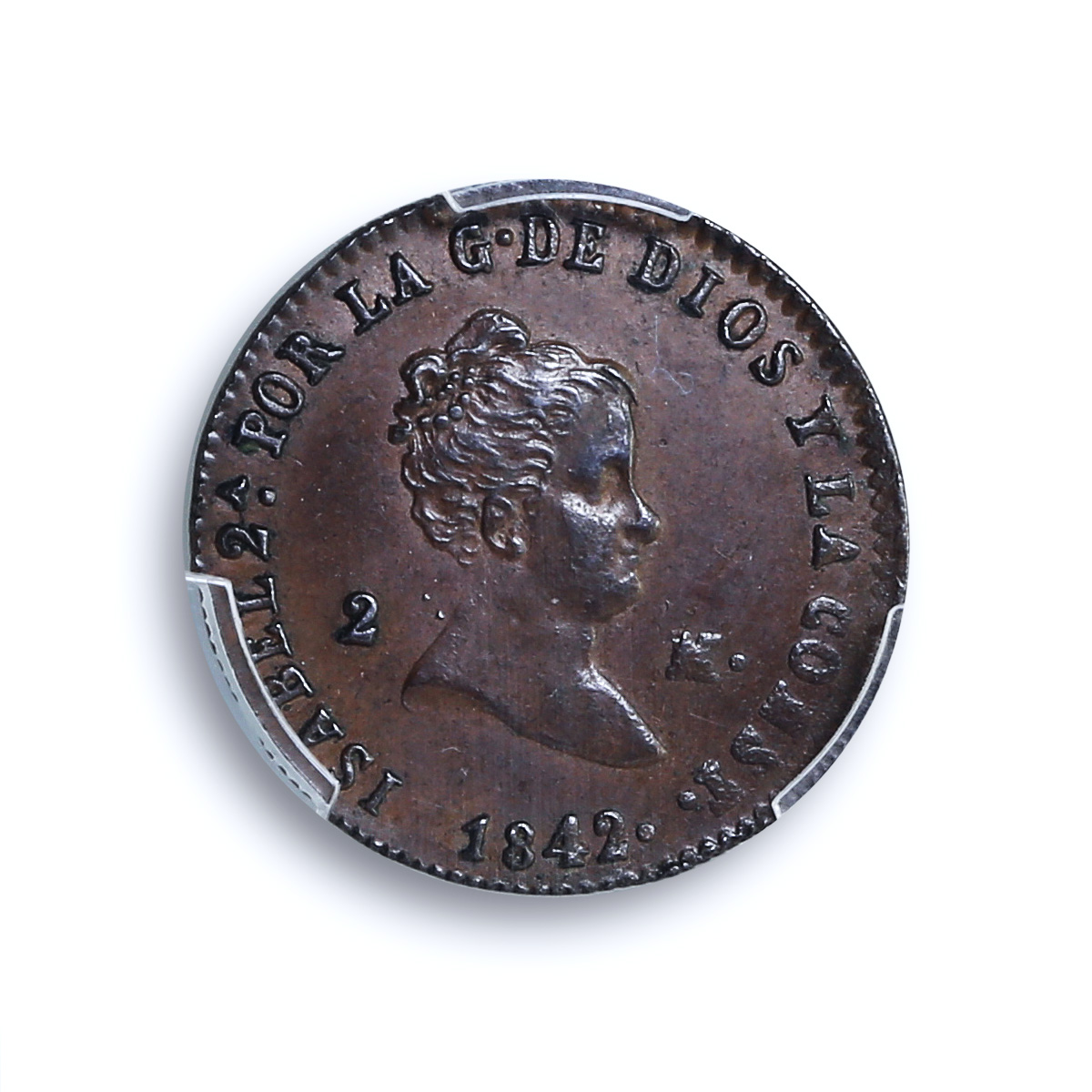 Spain 2 maravedis Queen Isabel Isabella II Segovia MS62 PCGS copper coin 1842 Spain 2 maravedis Queen Isabel Isabella II Segovia MS62 PCGS copper coin 1842