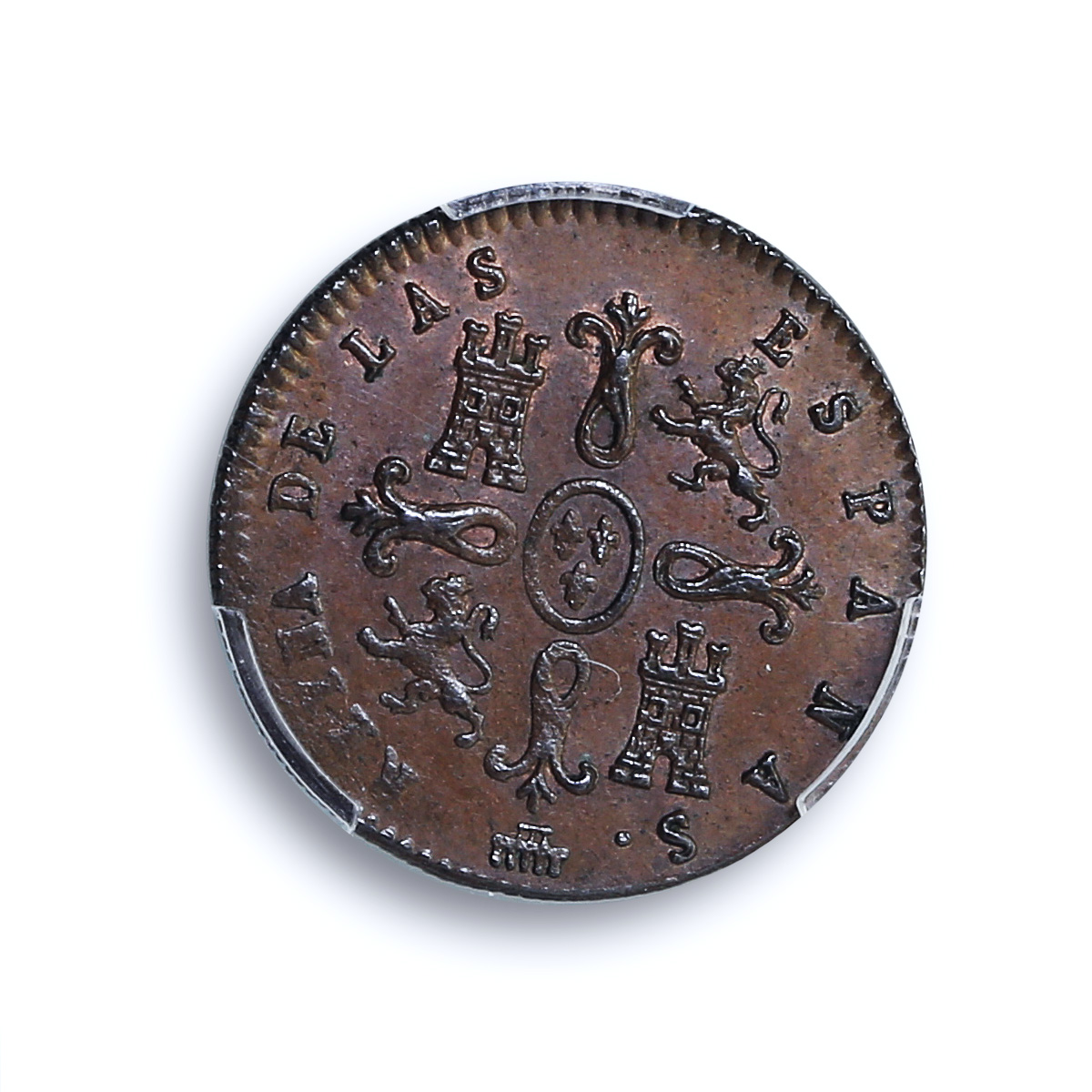 Spain 2 maravedis Queen Isabel Isabella II Segovia MS62 PCGS copper coin 1842 Spain 2 maravedis Queen Isabel Isabella II Segovia MS62 PCGS copper coin 1842