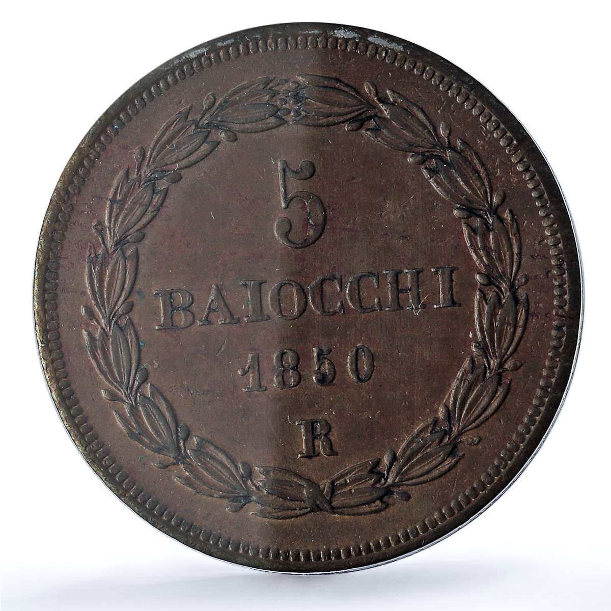 Italy Papal States 1 baiocchi Pius IX Coinage KM-1356 MS62 PCGS copper coin 1850 Italy Papal States 1 baiocchi Pius IX Coinage KM-1356 MS62 PCGS copper coin 1850