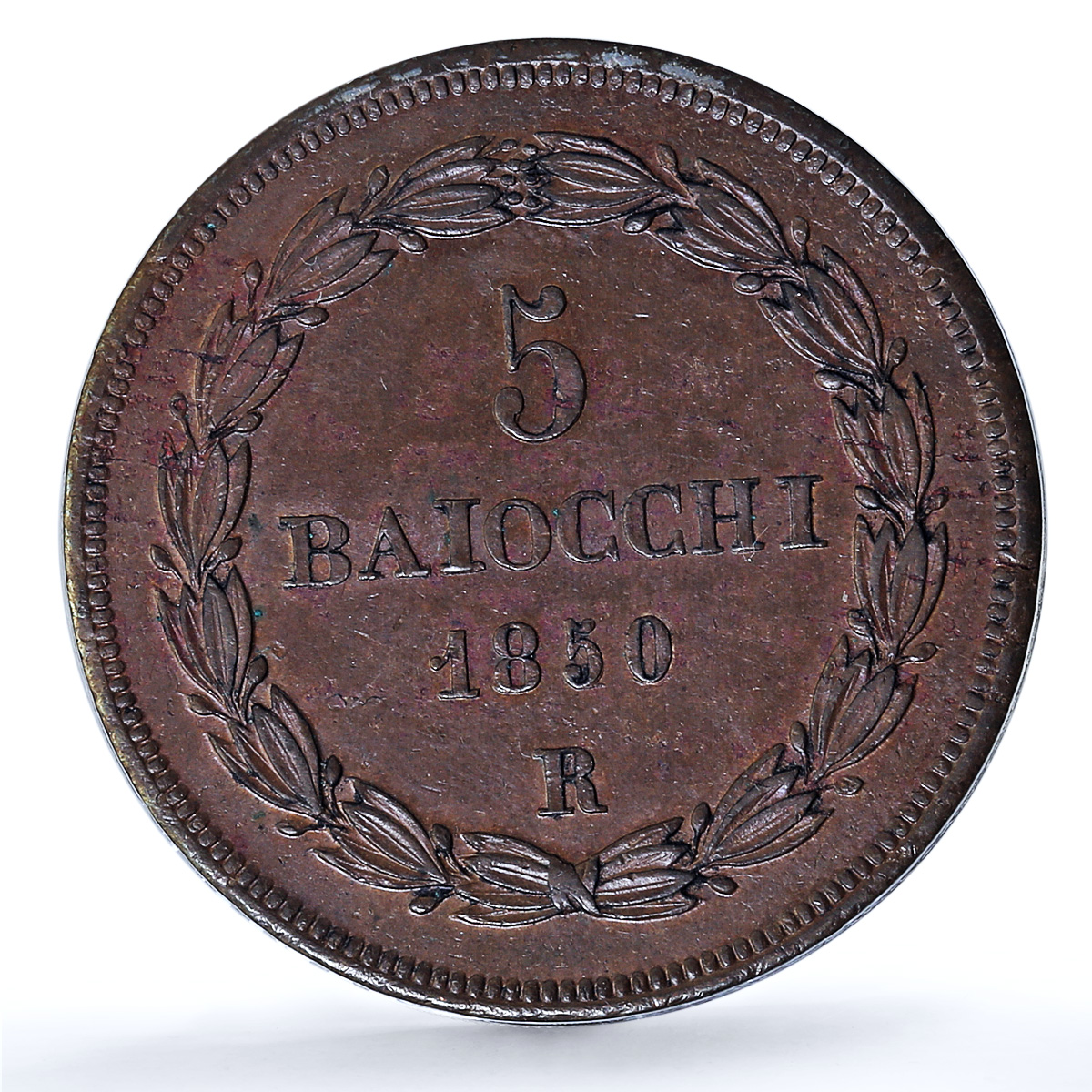 Italy Papal States 1 baiocchi Pius IX Coinage KM-1356 MS62 PCGS copper coin 1850 Italy Papal States 1 baiocchi Pius IX Coinage KM-1356 MS62 PCGS copper coin 1850