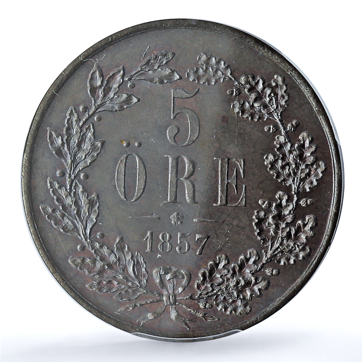 Sweden 5 ore King Oscar I UNIQUE VARIETY KM-690 MS65 PCGS bronze coin 1857 Sweden 5 ore King Oscar I UNIQUE VARIETY KM-690 MS65 PCGS bronze coin 1857