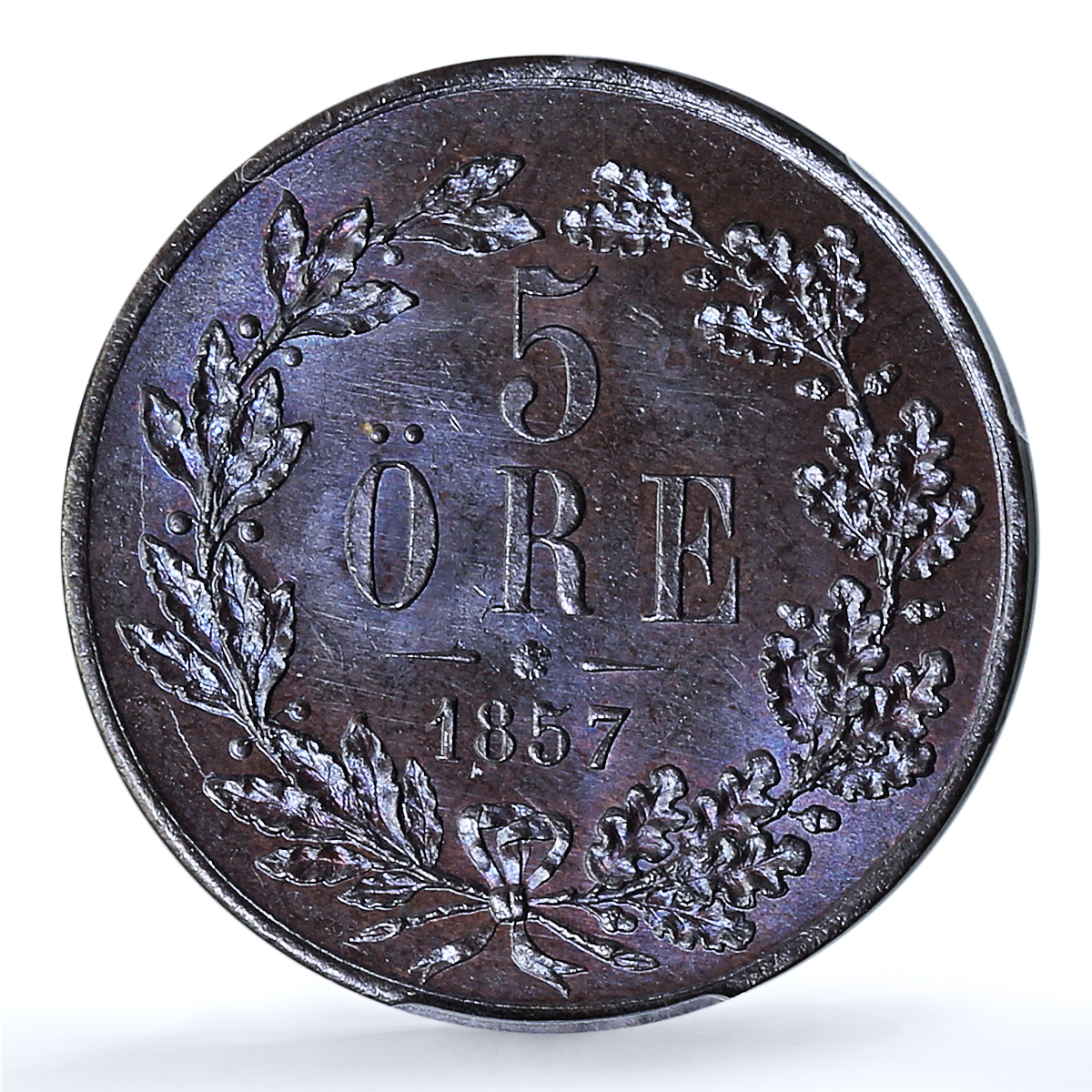 Sweden 5 ore King Oscar I UNIQUE VARIETY KM-690 MS65 PCGS bronze coin 1857 Sweden 5 ore King Oscar I UNIQUE VARIETY KM-690 MS65 PCGS bronze coin 1857