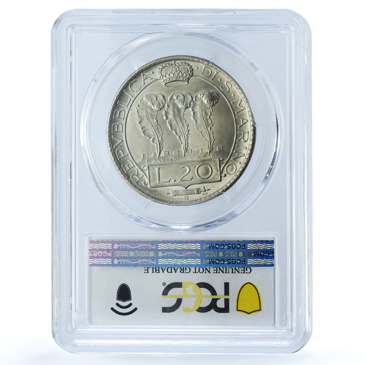 San Marino 20 lire Republic Coinage KM-11a UNC PCGS silver coin 1937 San Marino 20 lire Republic Coinage KM-11a UNC PCGS silver coin 1937