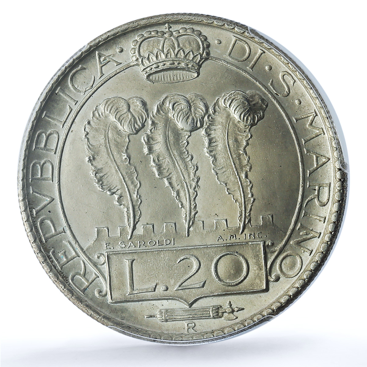 San Marino 20 lire Republic Coinage KM-11a UNC PCGS silver coin 1937 San Marino 20 lire Republic Coinage KM-11a UNC PCGS silver coin 1937