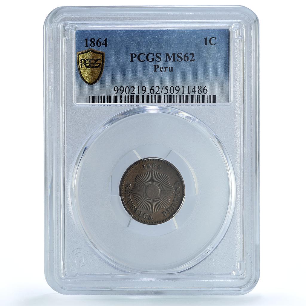 Peru 1 centavo Republic Coinage Radiant Star KM-187.1 MS62 PCGS CuNi coin 1864 Peru 1 centavo Republic Coinage Radiant Star KM-187.1 MS62 PCGS CuNi coin 1864