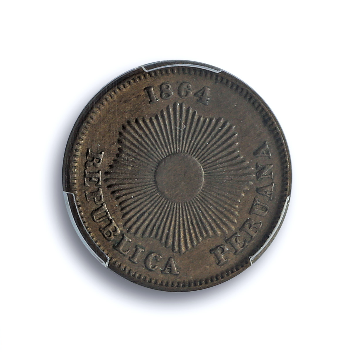 Peru 1 centavo Republic Coinage Radiant Star KM-187.1 MS62 PCGS CuNi coin 1864 Peru 1 centavo Republic Coinage Radiant Star KM-187.1 MS62 PCGS CuNi coin 1864