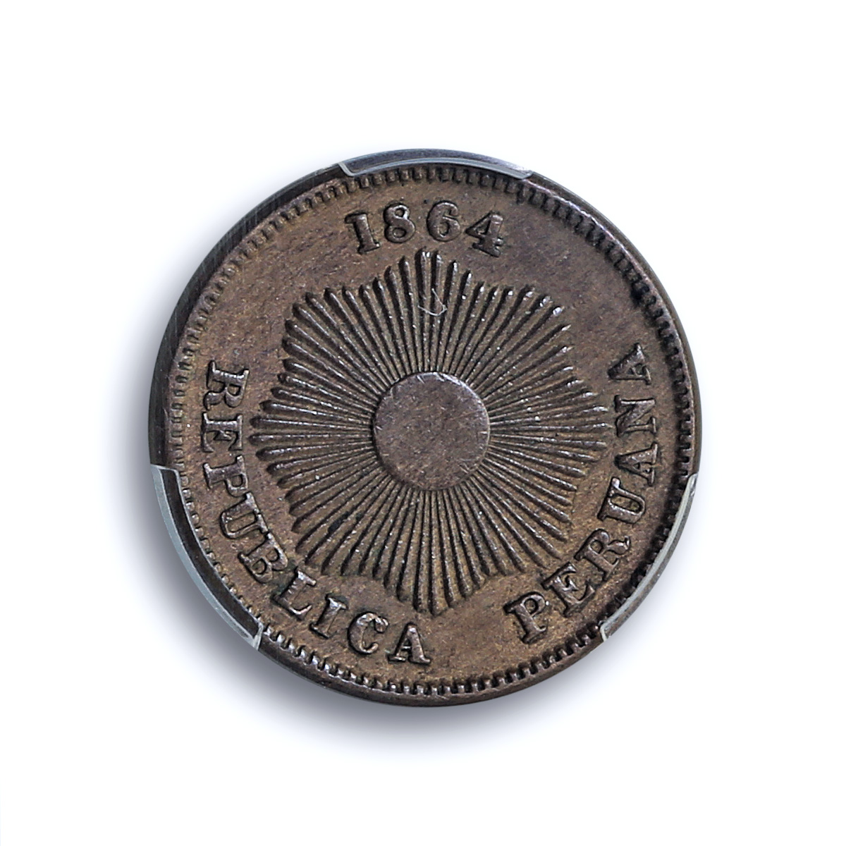 Peru 1 centavo Republic Coinage Radiant Star KM-187.1 MS62 PCGS CuNi coin 1864 Peru 1 centavo Republic Coinage Radiant Star KM-187.1 MS62 PCGS CuNi coin 1864