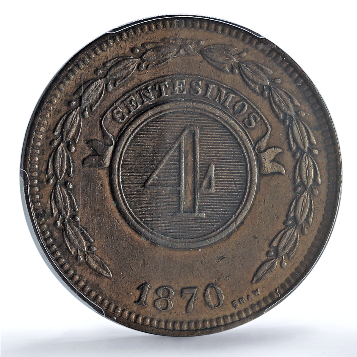 Paraguay 4 centesimos Republic Coinage SHAW Variety AU PCGS copper coin 1870 Paraguay 4 centesimos Republic Coinage SHAW Variety AU PCGS copper coin 1870