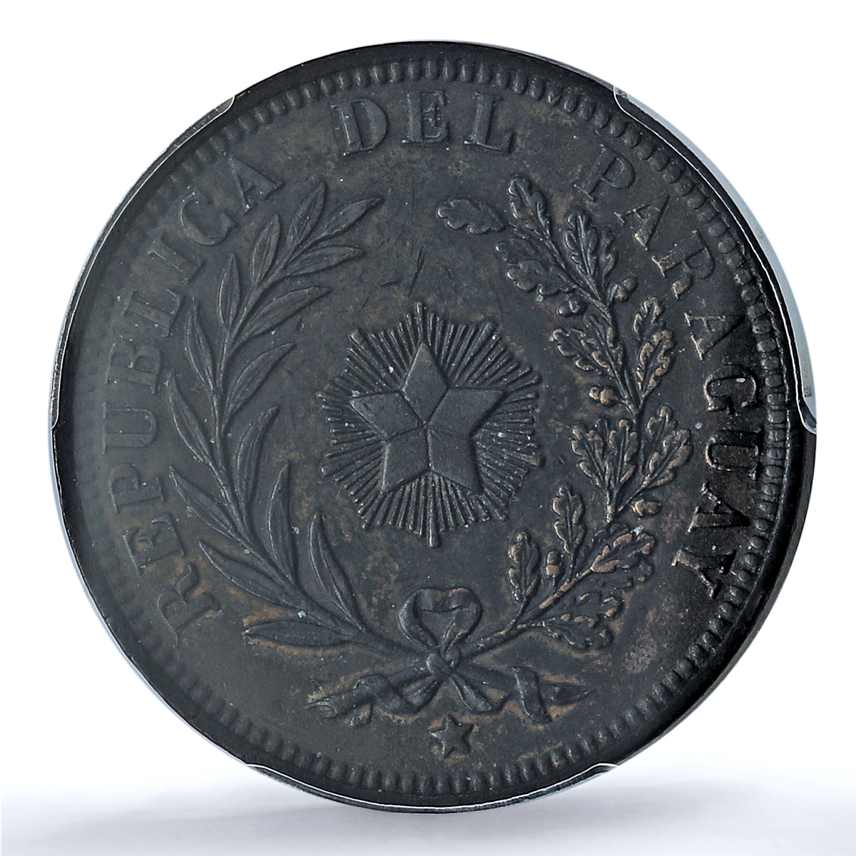 Paraguay 4 centesimos Republic Coinage SHAW Variety AU PCGS copper coin 1870 Paraguay 4 centesimos Republic Coinage SHAW Variety AU PCGS copper coin 1870