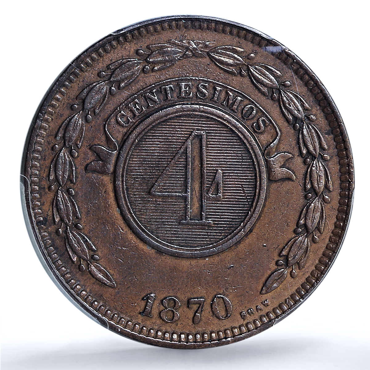 Paraguay 4 centesimos Republic Coinage SHAW Variety AU PCGS copper coin 1870 Paraguay 4 centesimos Republic Coinage SHAW Variety AU PCGS copper coin 1870