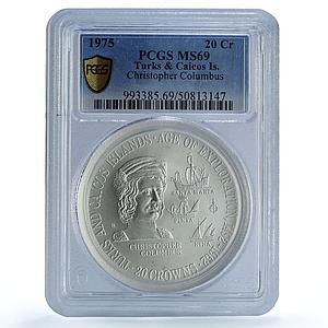 Turks and Caicos Islands 20 crowns Columbus KM-8 Ship MS69 PCGS silver coin 1975
