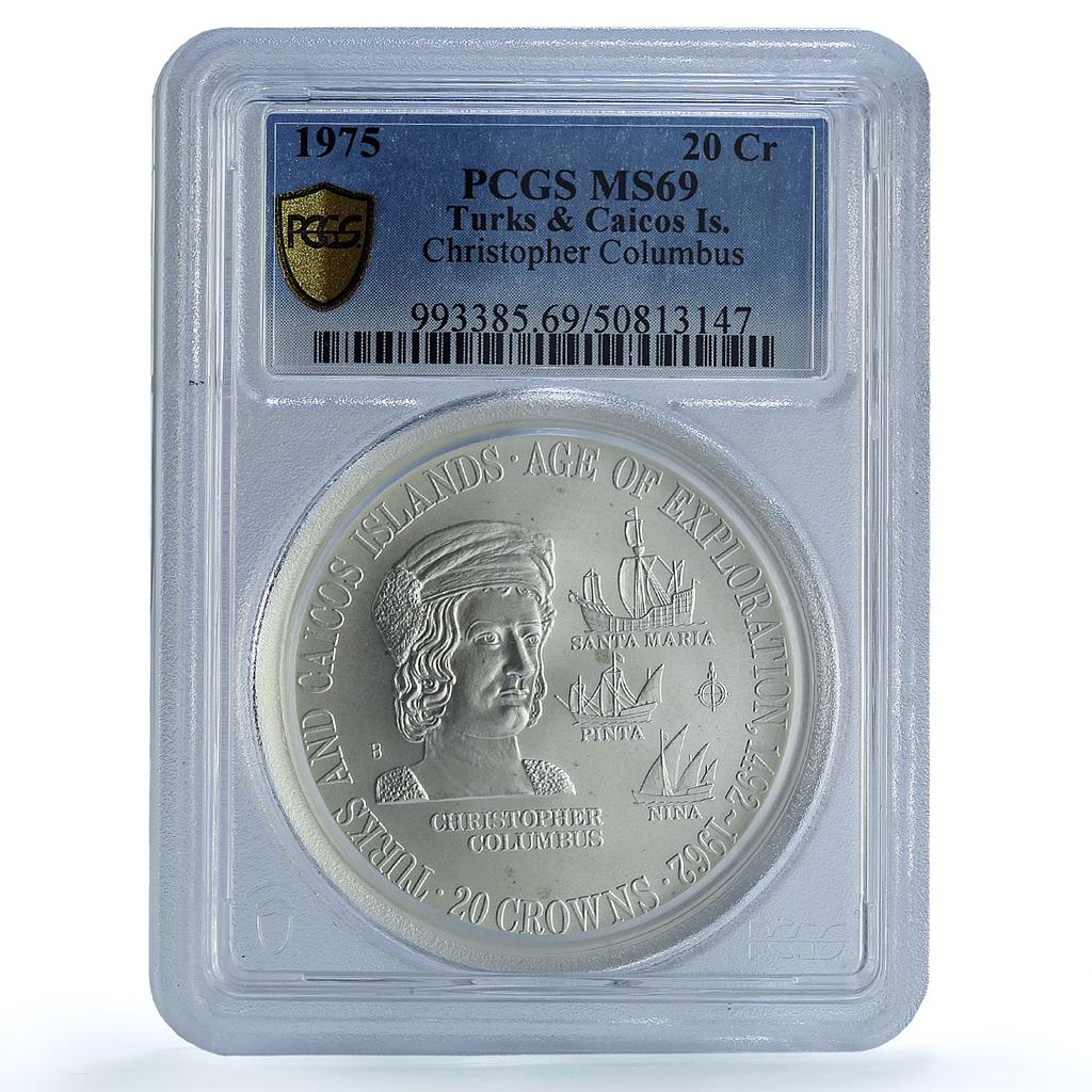 Turks and Caicos Islands 20 crowns Columbus KM-8 Ship MS69 PCGS silver coin 1975 Turks and Caicos Islands 20 crowns Columbus KM-8 Ship MS69 PCGS silver coin 1975