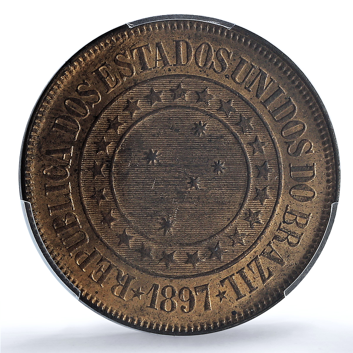 Brazil 40 reis Republic Coinage Coat of Arms KM-491 MS64 PCGS bronze coin 1897