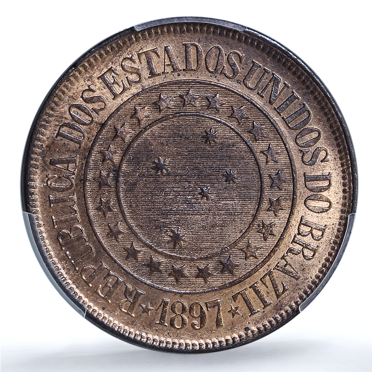 Brazil 40 reis Republic Coinage Coat of Arms KM-491 MS64 PCGS bronze coin 1897