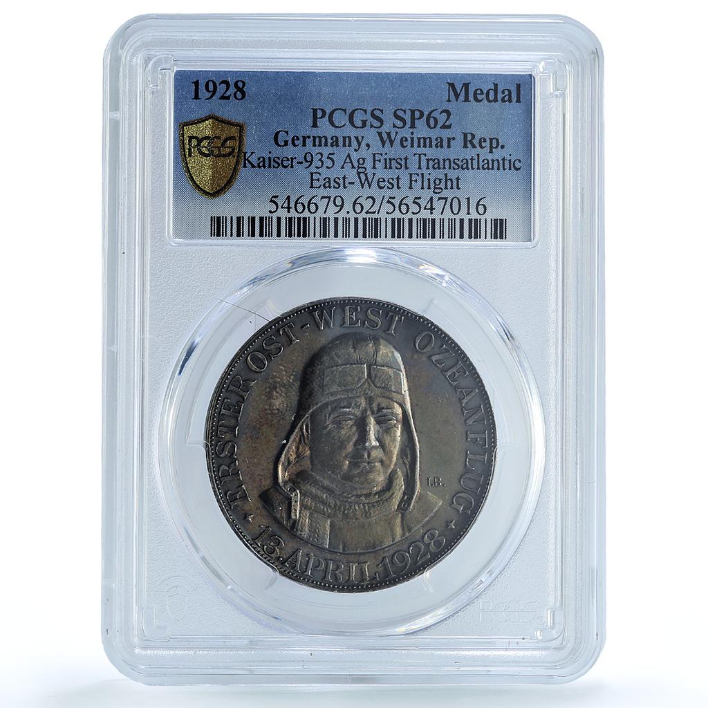 Germany Weimar Kohl Flight Bremen Kienast-935 Plane SP 62 PCGS silver medal 1928