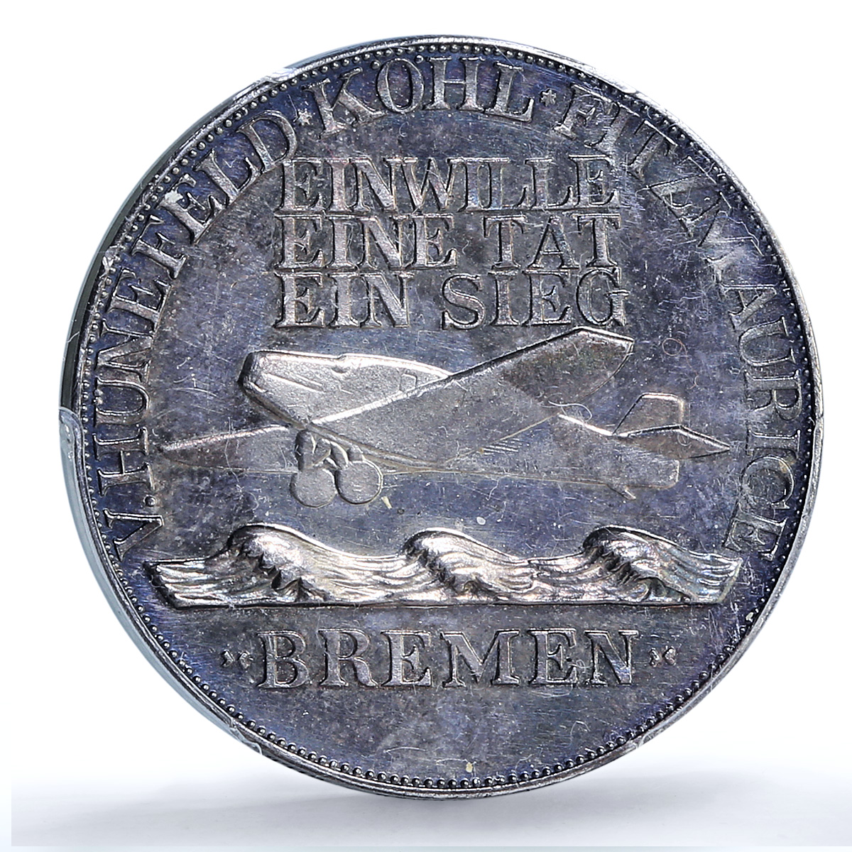 Germany Weimar Kohl Flight Bremen Kienast-935 Plane SP 62 PCGS silver medal 1928