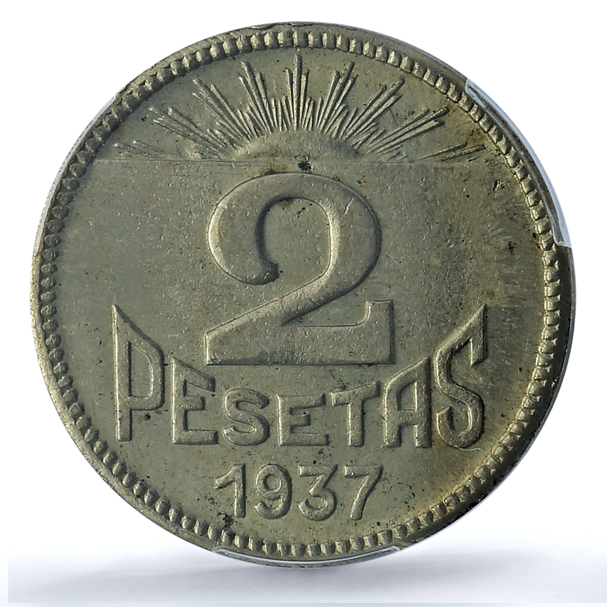 Spain Asturias 2 pesetas Council Coinage Sun KM-3 MS64 PCGS CuNi coin 1937 Spain Asturias 2 pesetas Council Coinage Sun KM-3 MS64 PCGS CuNi coin 1937
