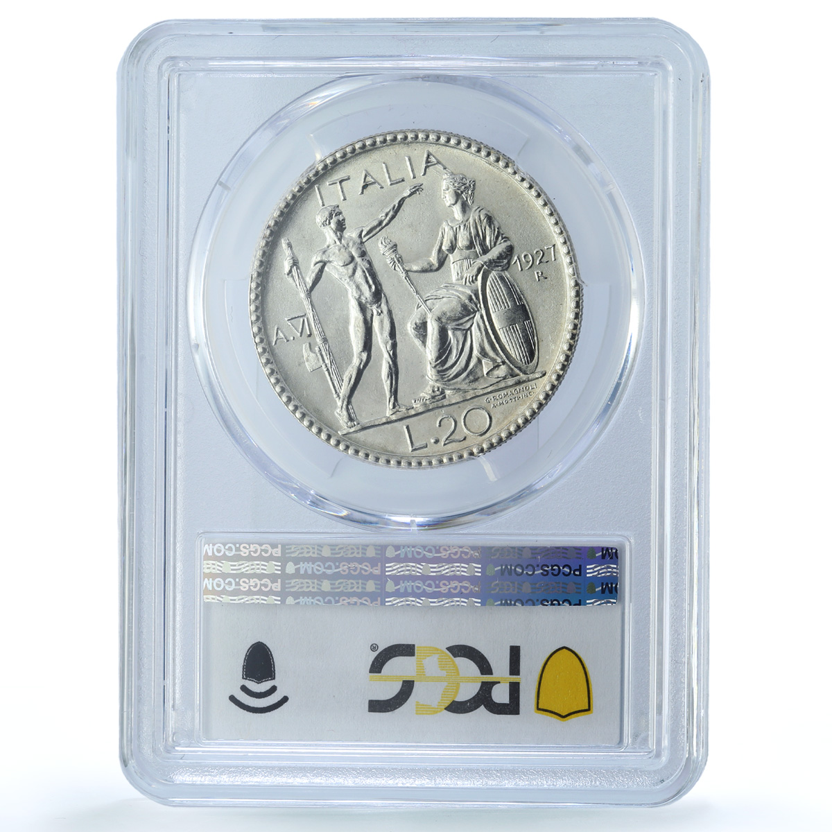 Italy 20 lire King Victor Emmanuel III Coinage KM-69 AU58 PCGS silver coin 1927 Italy 20 lire King Victor Emmanuel III Coinage KM-69 AU58 PCGS silver coin 1927