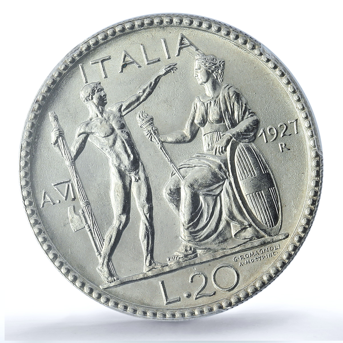 Italy 20 lire King Victor Emmanuel III Coinage KM-69 AU58 PCGS silver coin 1927 Italy 20 lire King Victor Emmanuel III Coinage KM-69 AU58 PCGS silver coin 1927